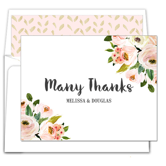 Pink Corner Roses Many Thanks Folded Note Cards